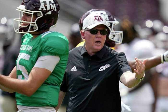 Texas A&M offensive coordinator Bobby Petrino looks on during the Aggies' annual Maroon & White game on April 15, 2023.